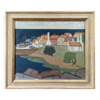 Peinture à l’huile côtière vintage suédoise moderne du milieu du siècle « Village by the Sea », encadrée