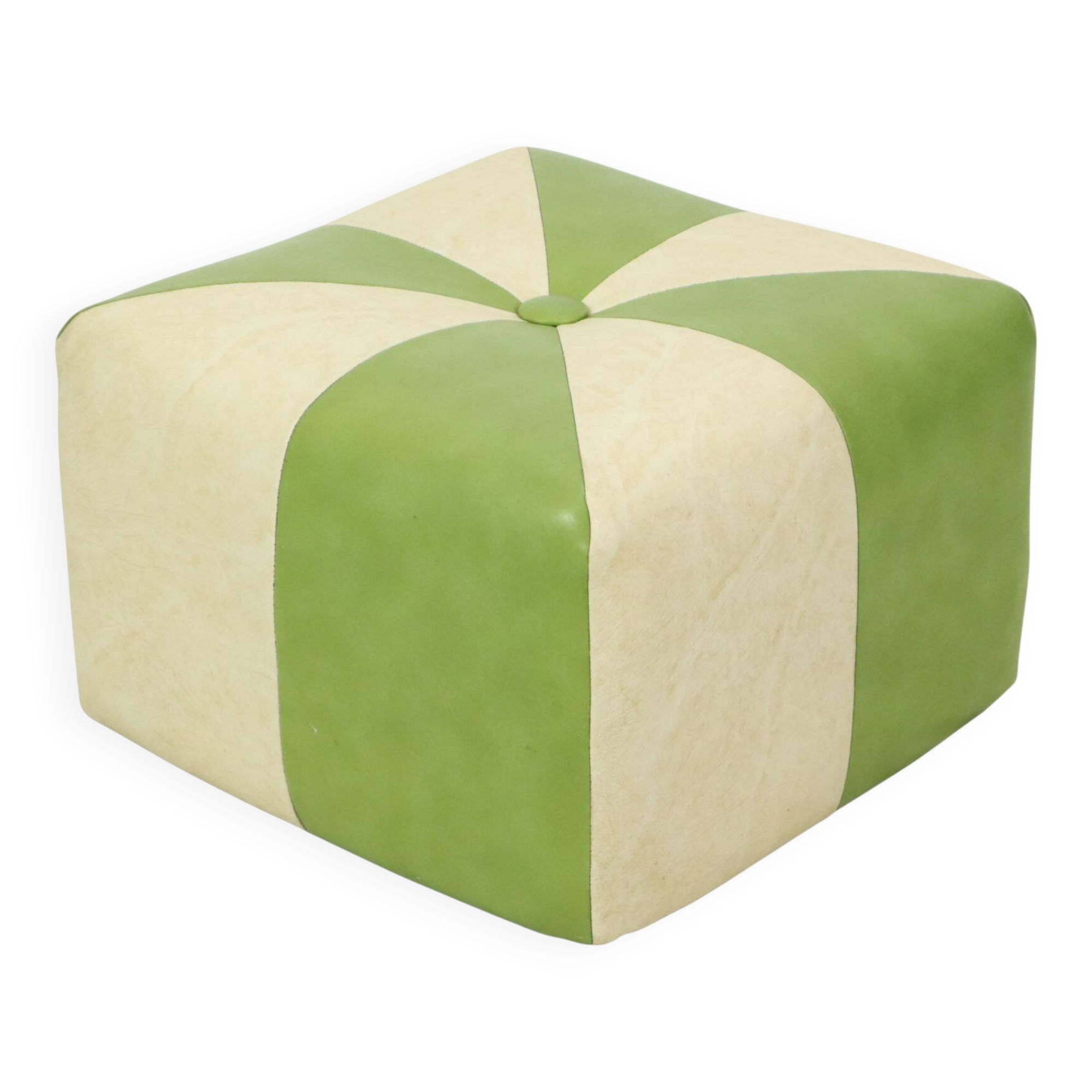 Pouf carré vintage skaï simili cuir vert crème 43cm