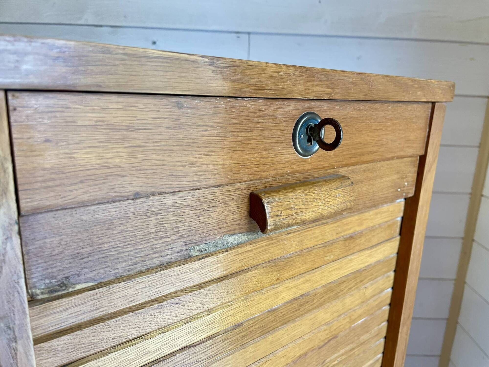 Vintage filing cabinet with double curtains, oak, Charles Schneider, Betschdorf.
