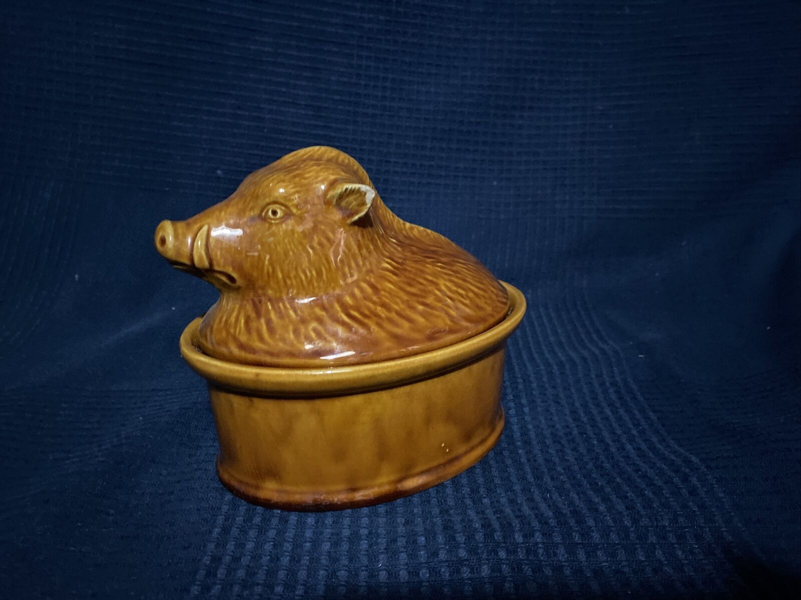 Ceramic terrine dish decorated with vintage wild boar hunting