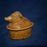 Ceramic terrine dish decorated with vintage wild boar hunting