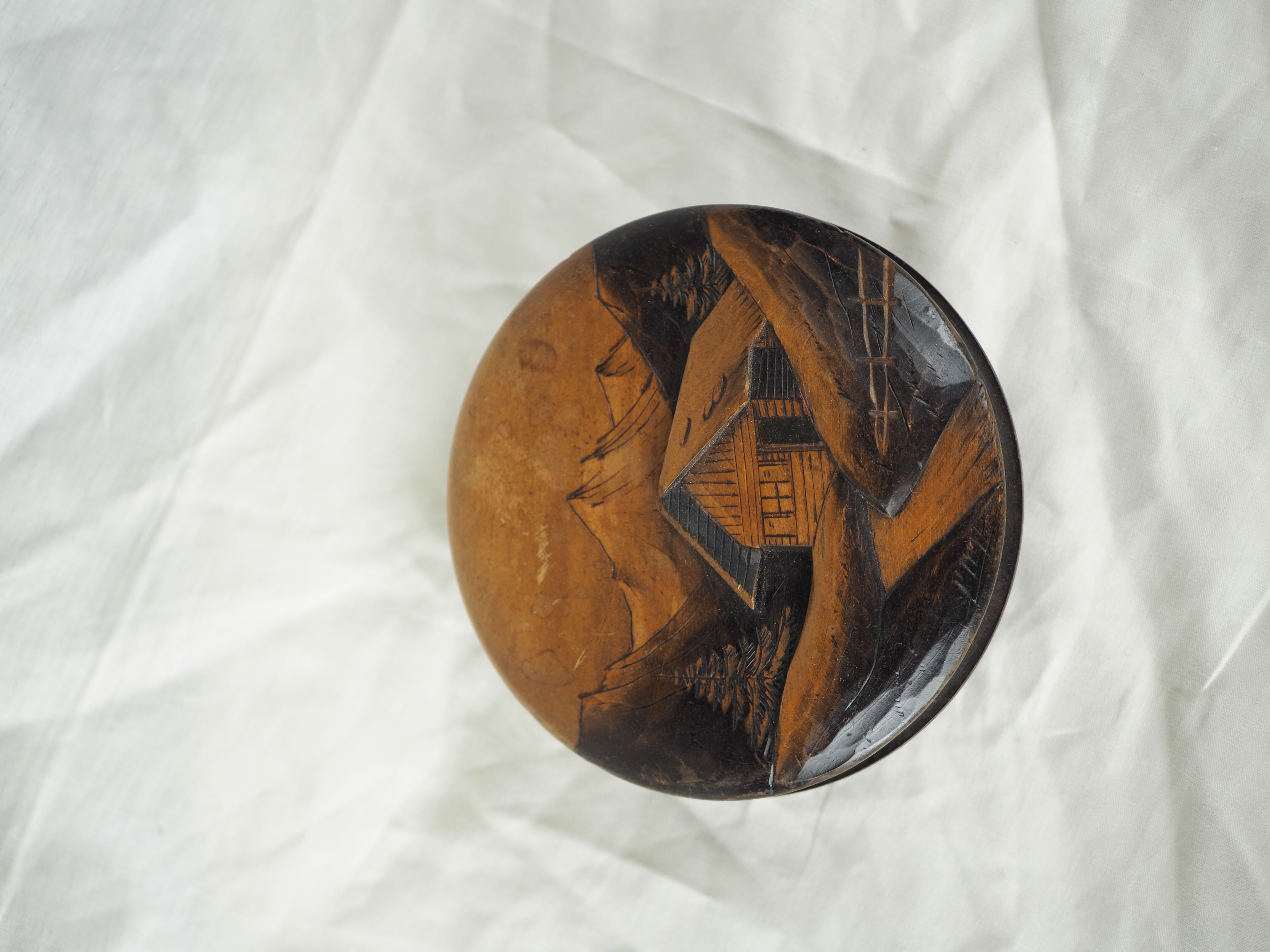 Large blackened wooden box mountain landscape folk art early / mid twentieth