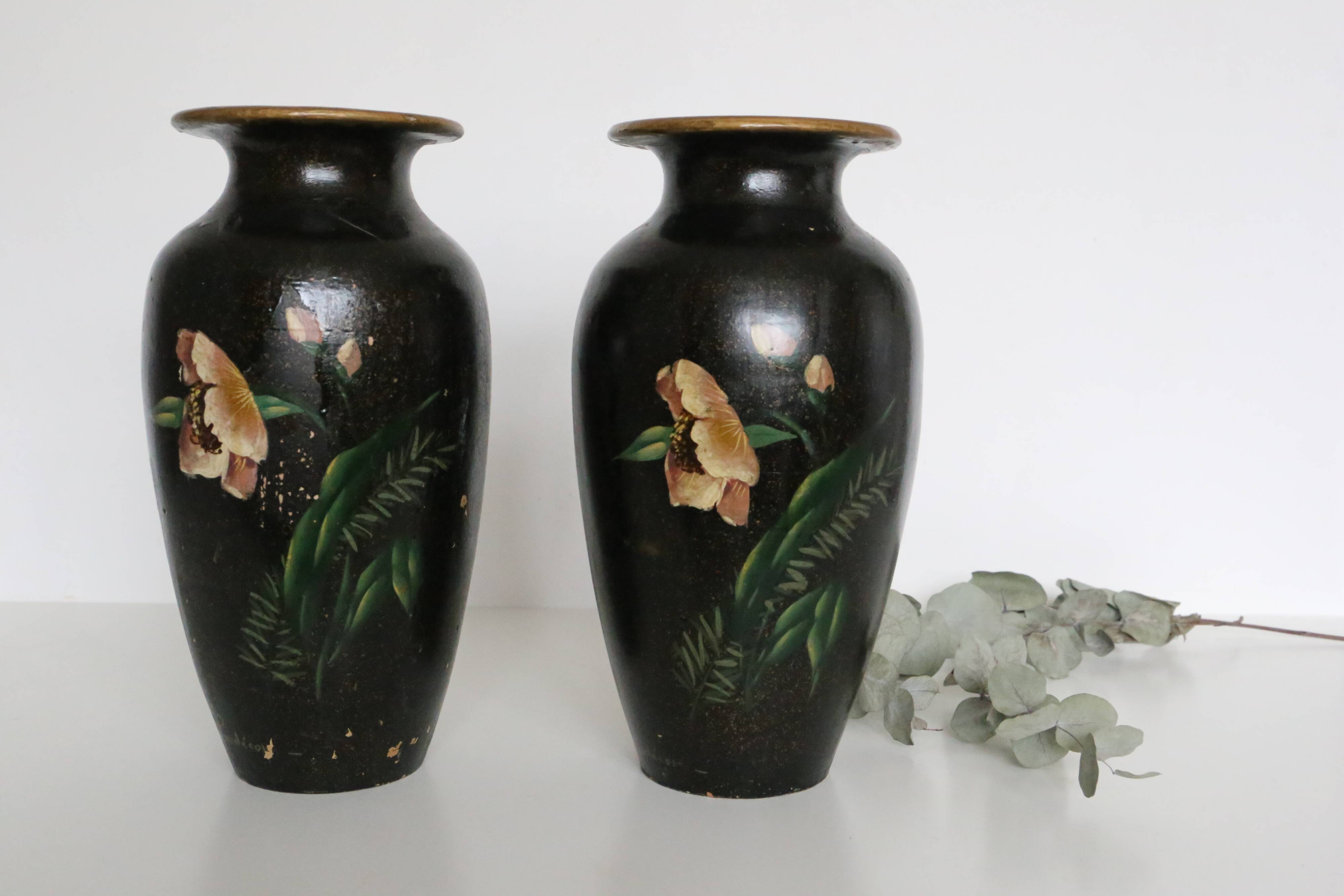 Pair of ceramic vases, hand painted