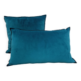 Set of 2 turquoise blue velvet cushions with black overlock finish