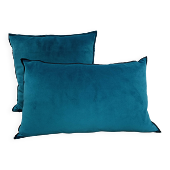 Lot de 2 coussins en velours bleu turquoise finition surjet noir