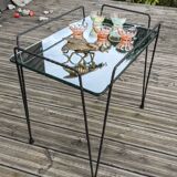 Side table 1950-1960, pin/Eiffel legs, mirror top, steel rod structure