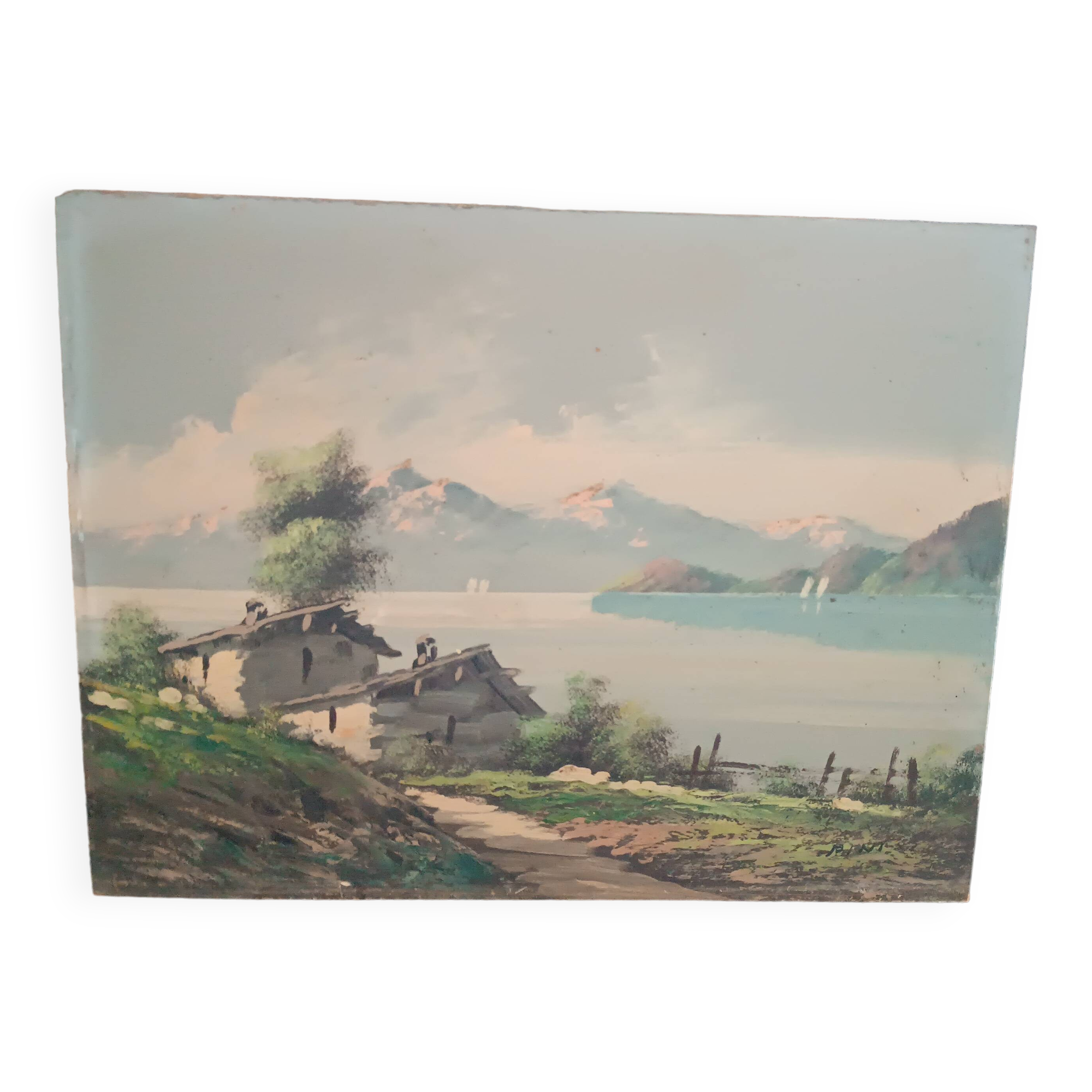 Tableau paysage montagne lac alpes signé pini années 1950