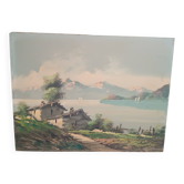 Tableau paysage montagne lac alpes signé pini années 1950