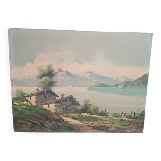 Tableau paysage montagne lac alpes signé pini années 1950