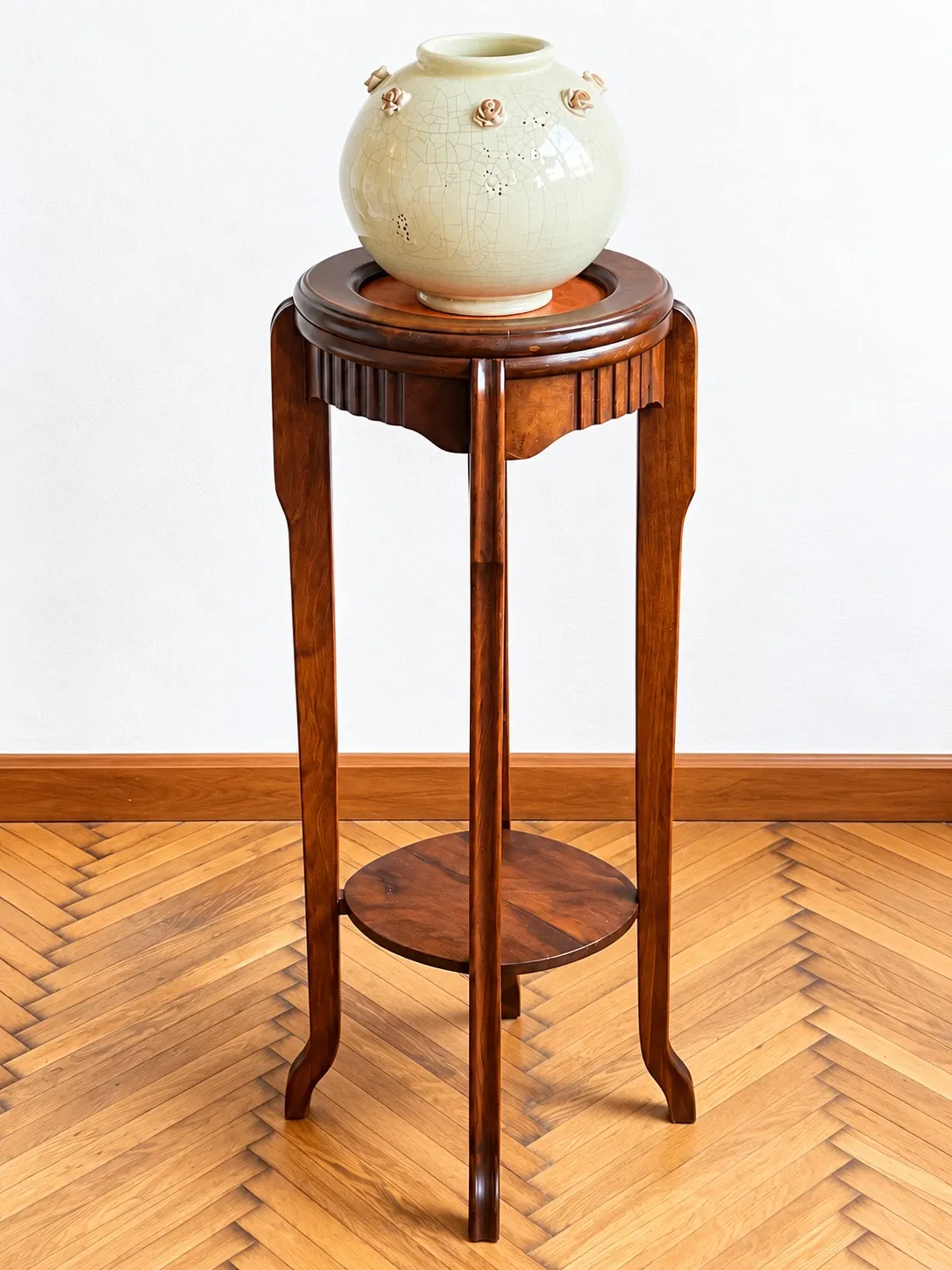 Art Deco wood stand French planter with stone plaque