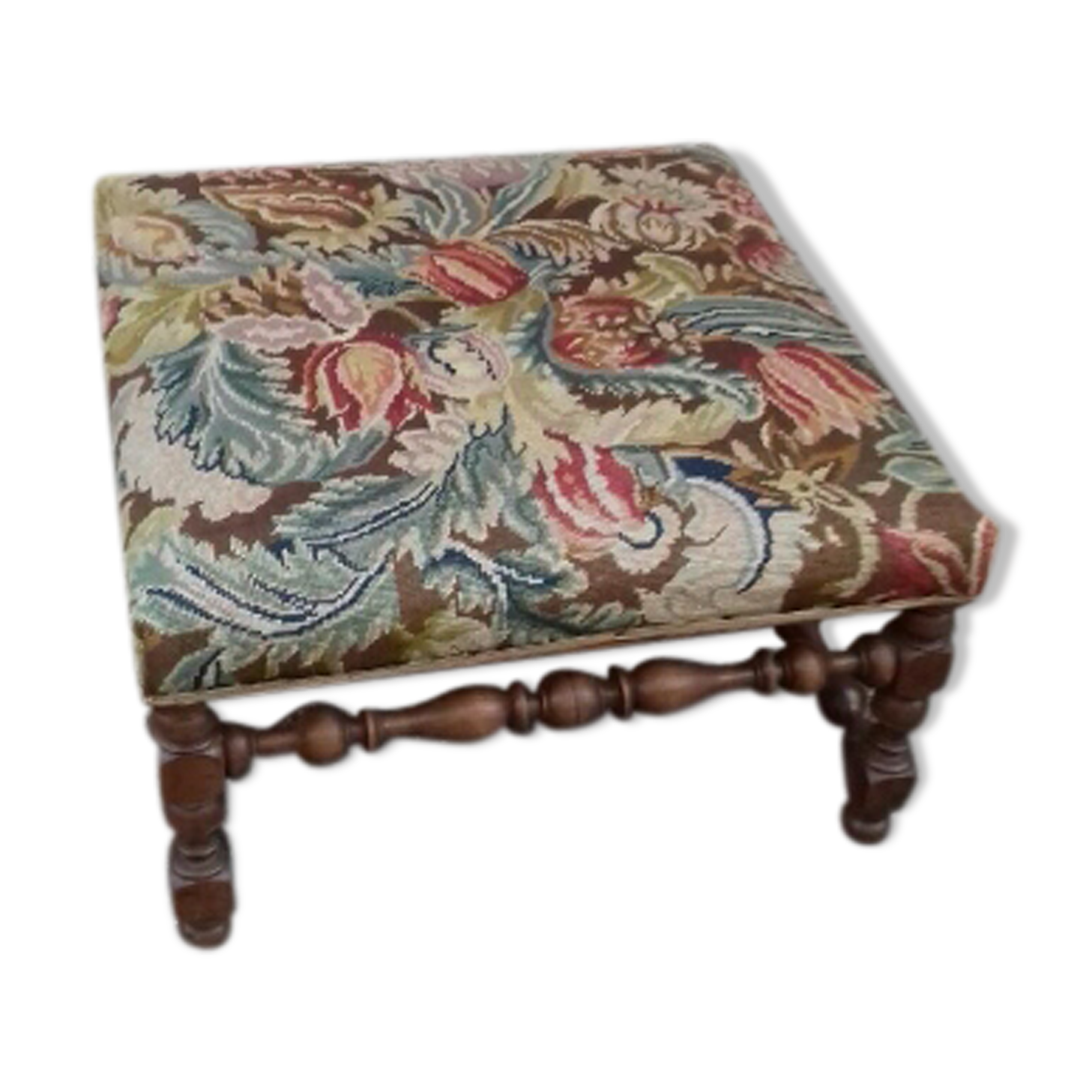 Footstool or Louis XIII style walnut footrests flower tapestry