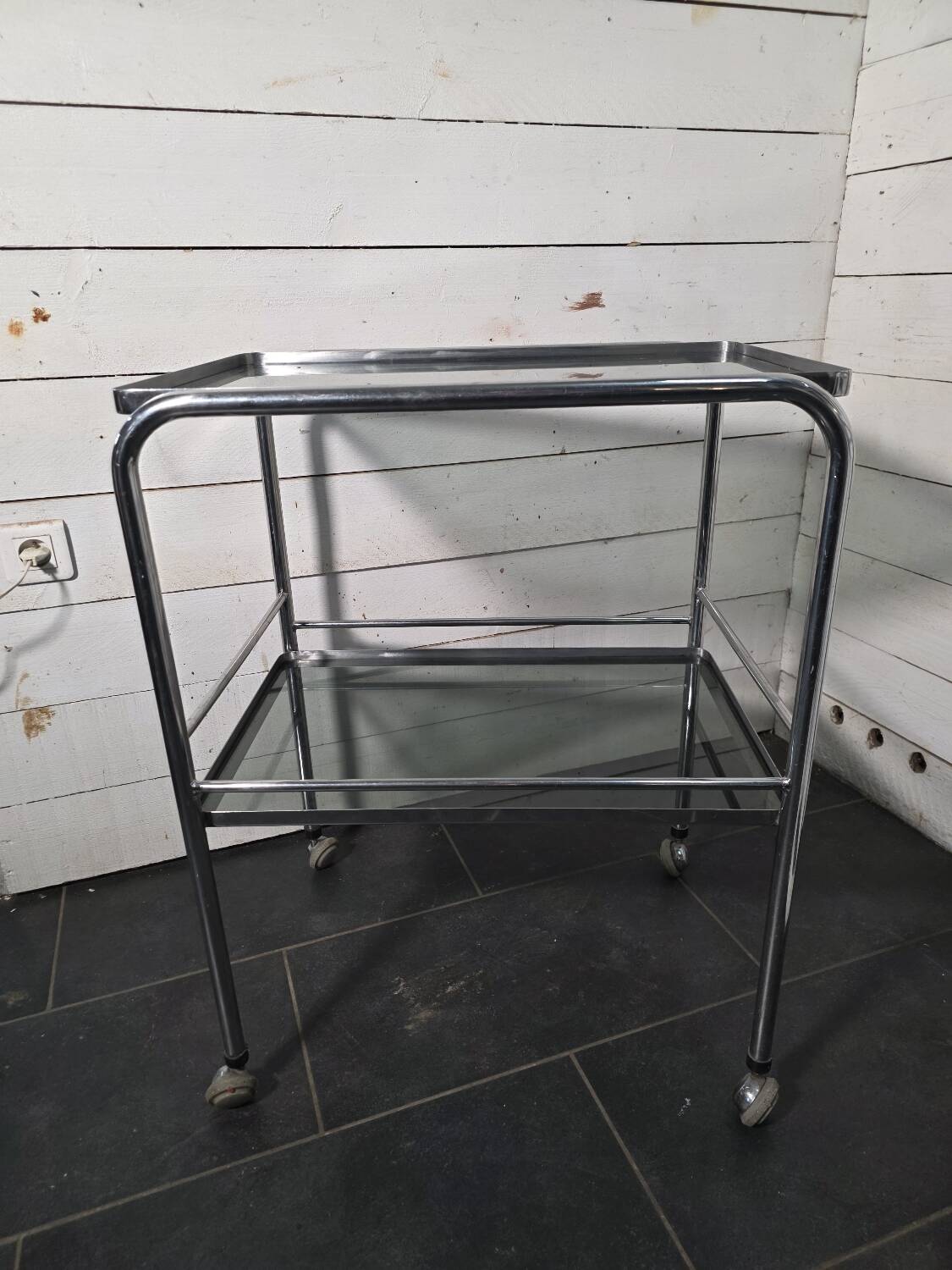 Vintage chrome metal dessert trolley with smoked glass from the 1970s.