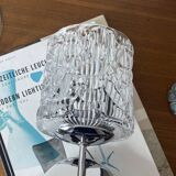 Swan neck wall light in stainless steel, thick glass shade, stainless steel rose.