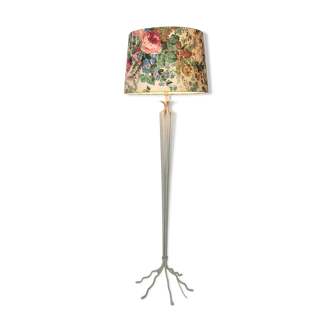 Fifties vintage floor lamp with wrought iron metal stand and flower print hood