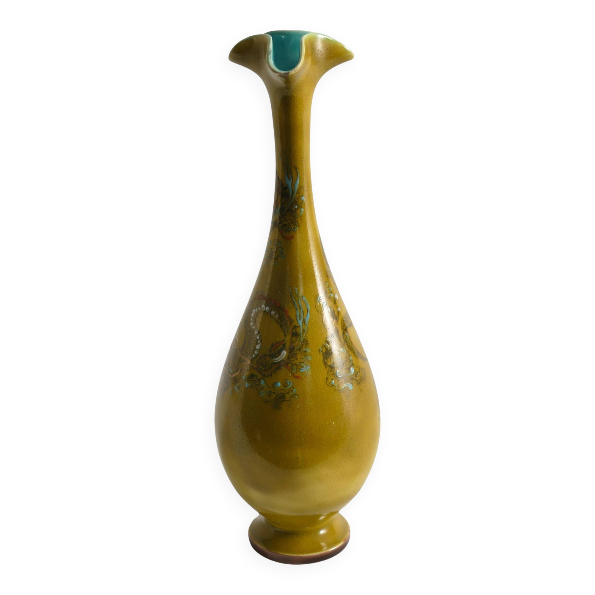 Chinoiserie Ochre Yellow Dragon Vase by Lambeth Doulton Faience, England 1880s