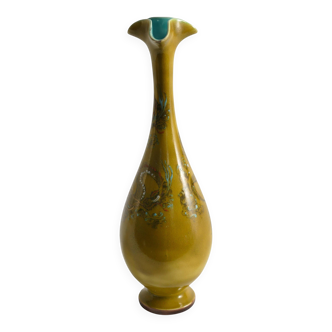Chinoiserie Ochre Yellow Dragon Vase by Lambeth Doulton Faience, England 1880s