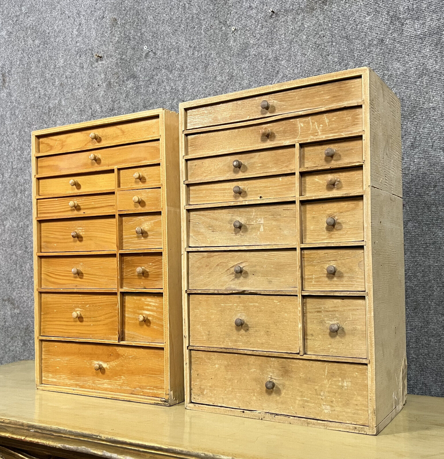 Pair of watchmaker's layettes in natural wood circa 1880-1900