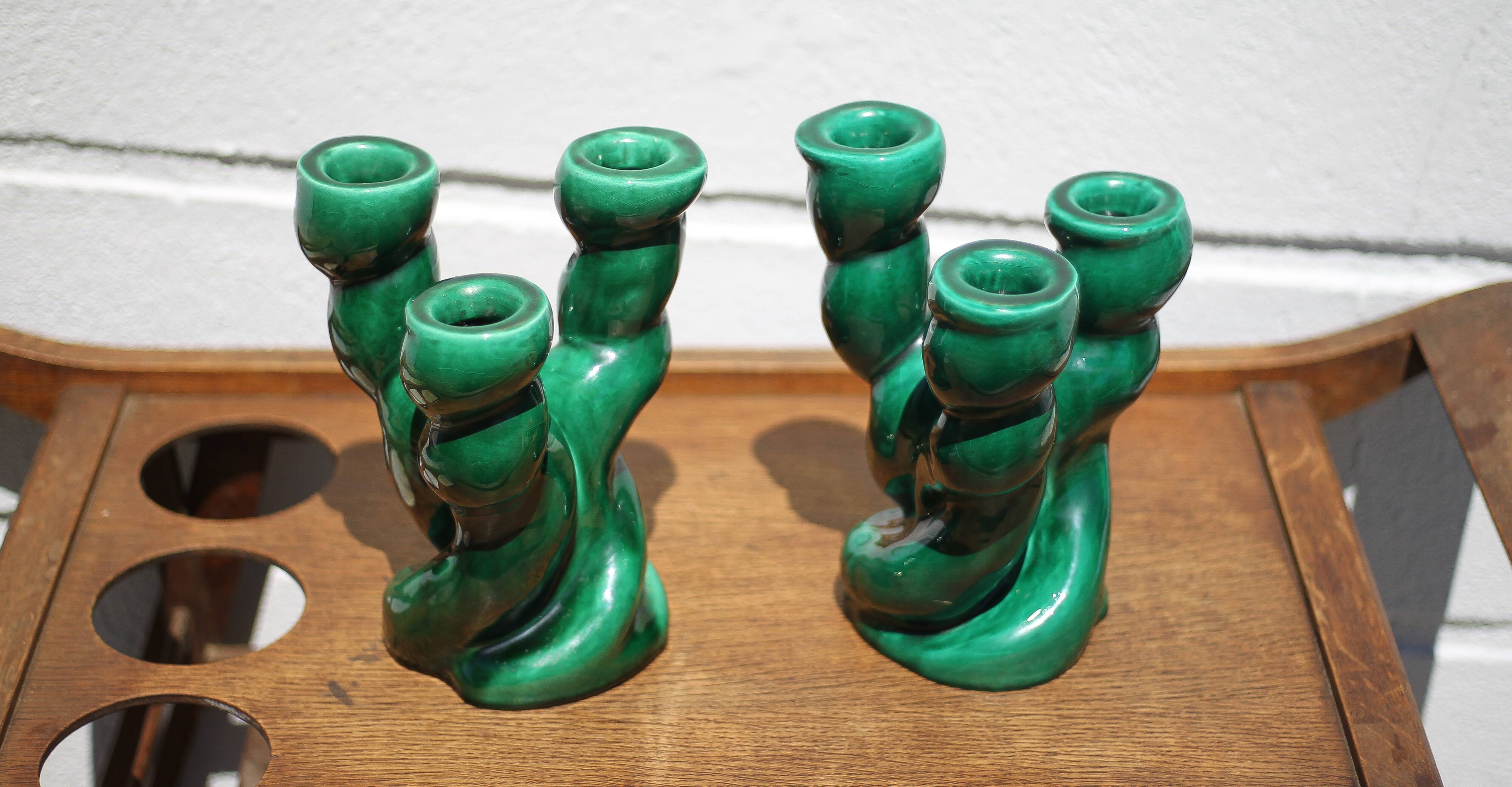 Pair of twisted green ceramic candlesticks, 3-branched candlestick, Vallauris style emerald candelabra