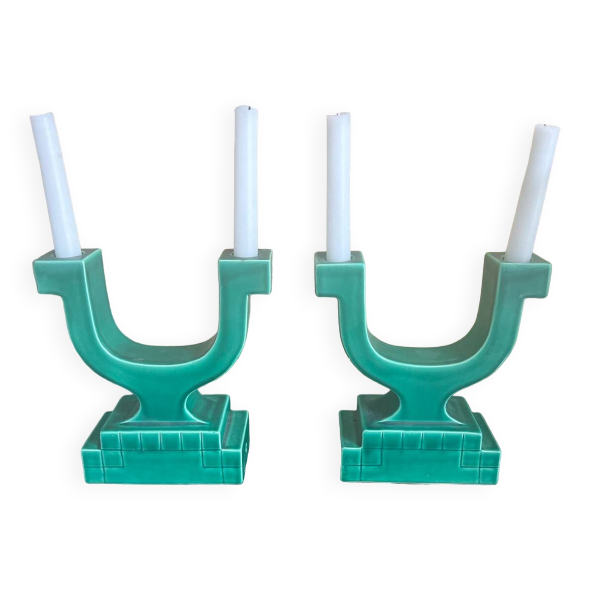 Set of 2 Art Deco candlesticks in green earthenware