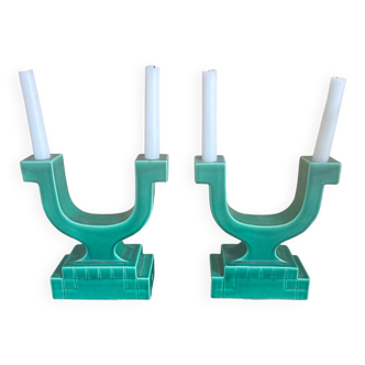 Set of 2 Art Deco candlesticks in green earthenware