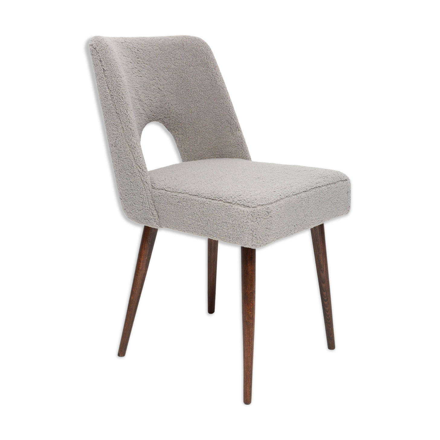 Grey boucle shell chair, dark beech wood, Poland, 1960s.
