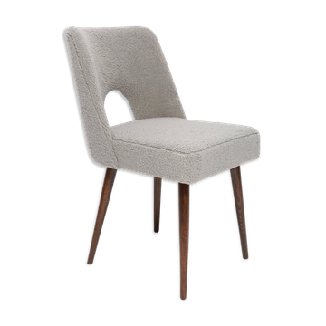 Grey boucle shell chair, dark beech wood, Poland, 1960s.