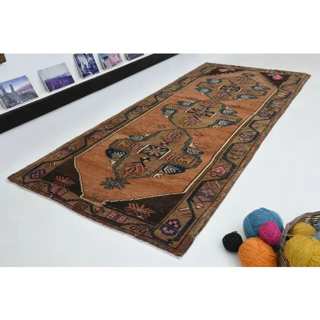 Vintage Turkish Oushak Handmade Wool Cotton Brown Runner Rug 128296