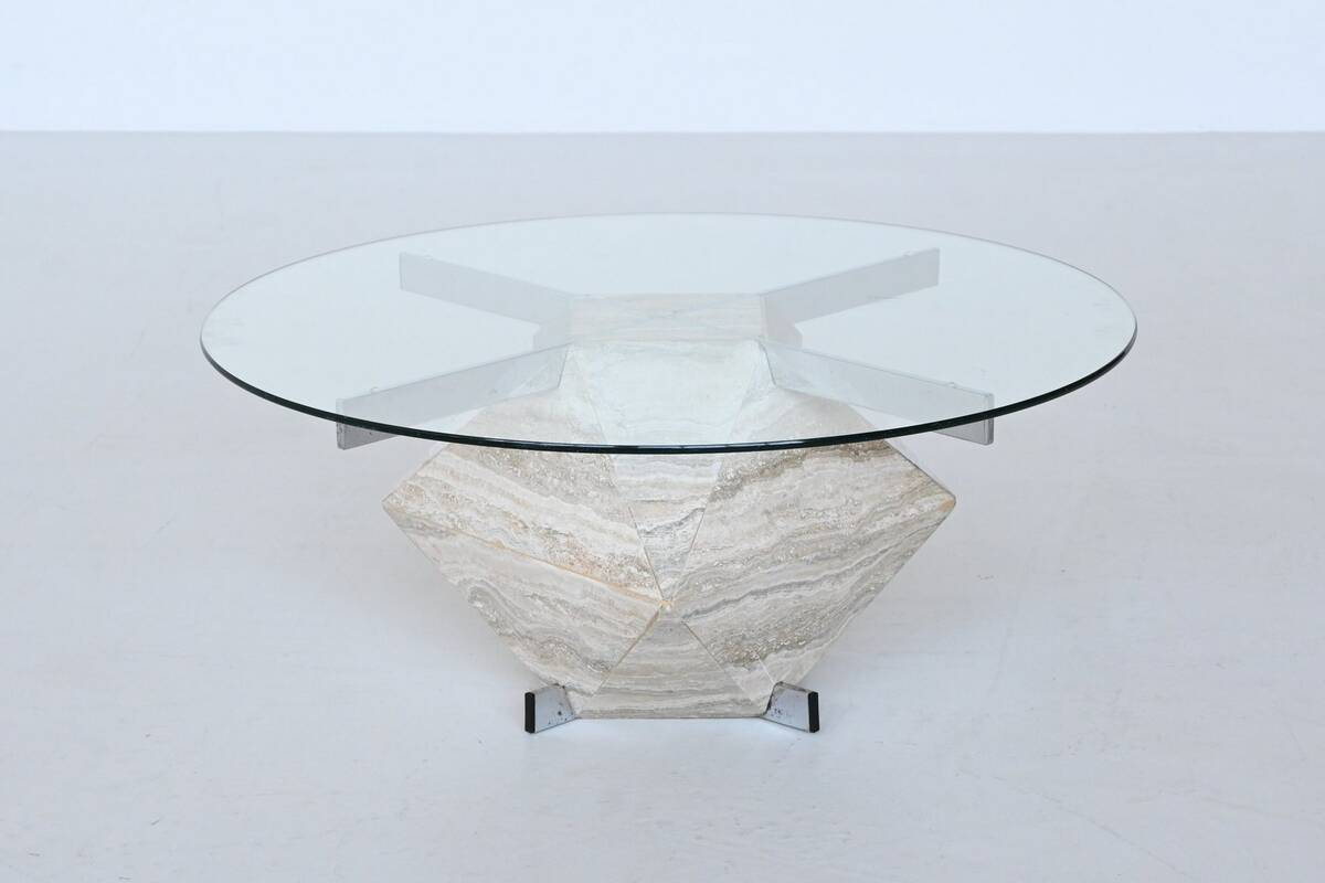 Diamond shaped coffee table in travertine and chrome Italy 1960