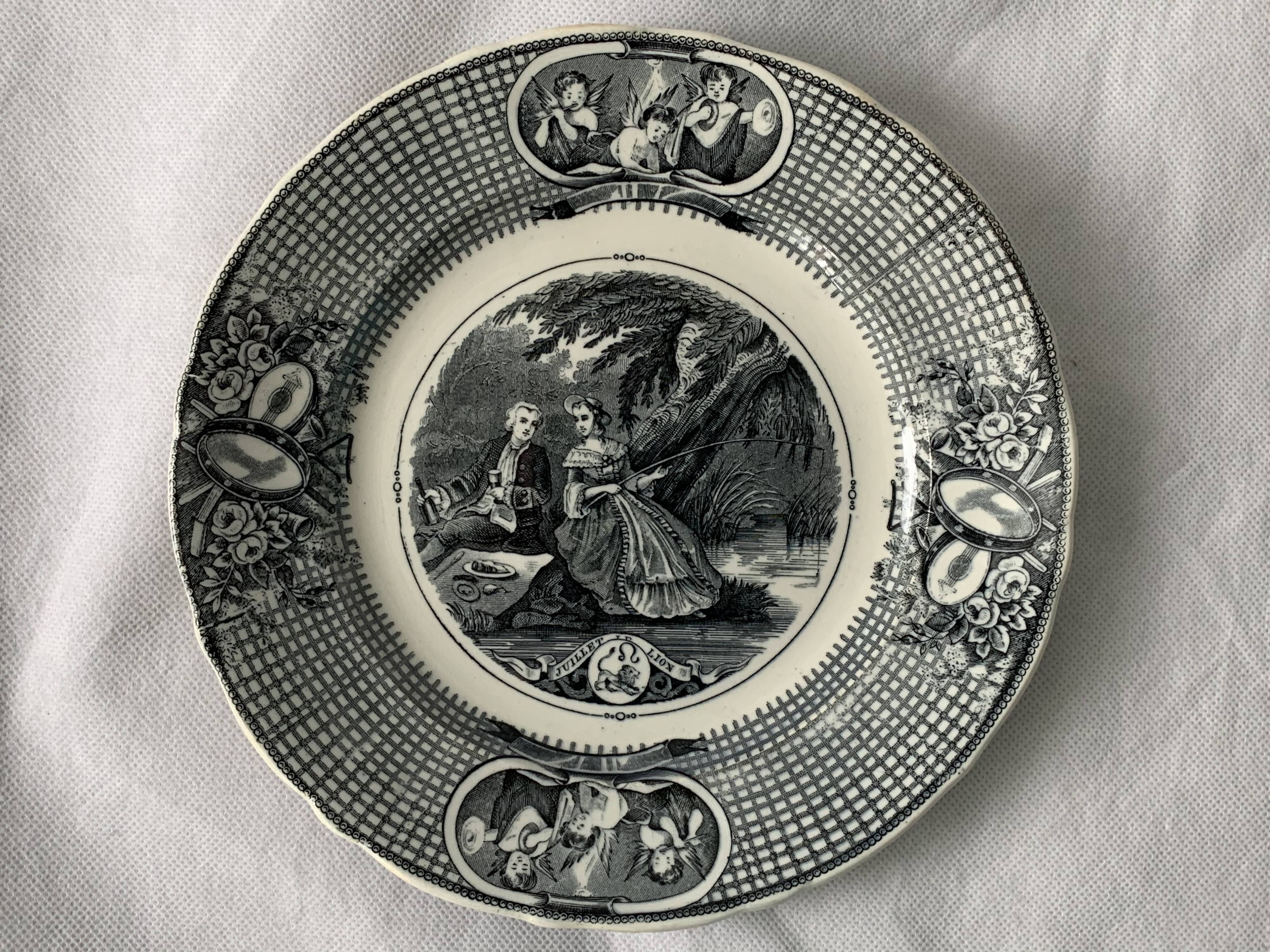 6 black dessert plates Old and Johnston Bordeaux 19th century astrology