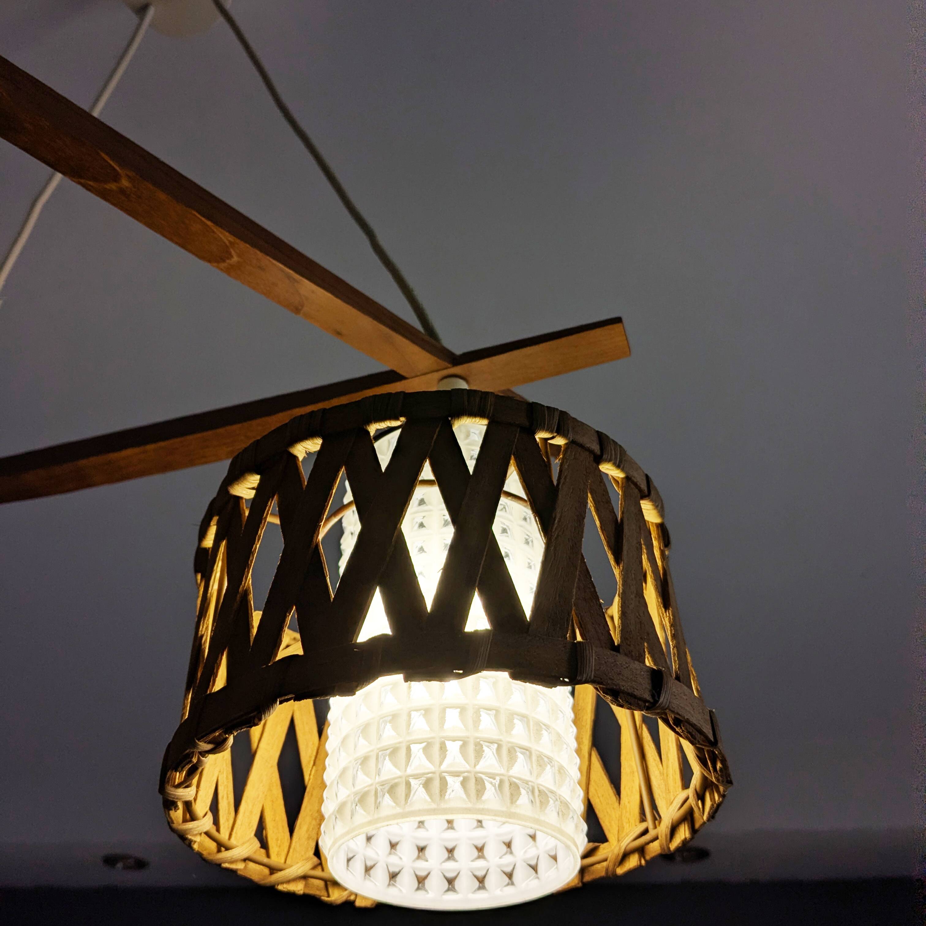 Suspension in teak and rattan, Doria Leuchten from the 1950s.