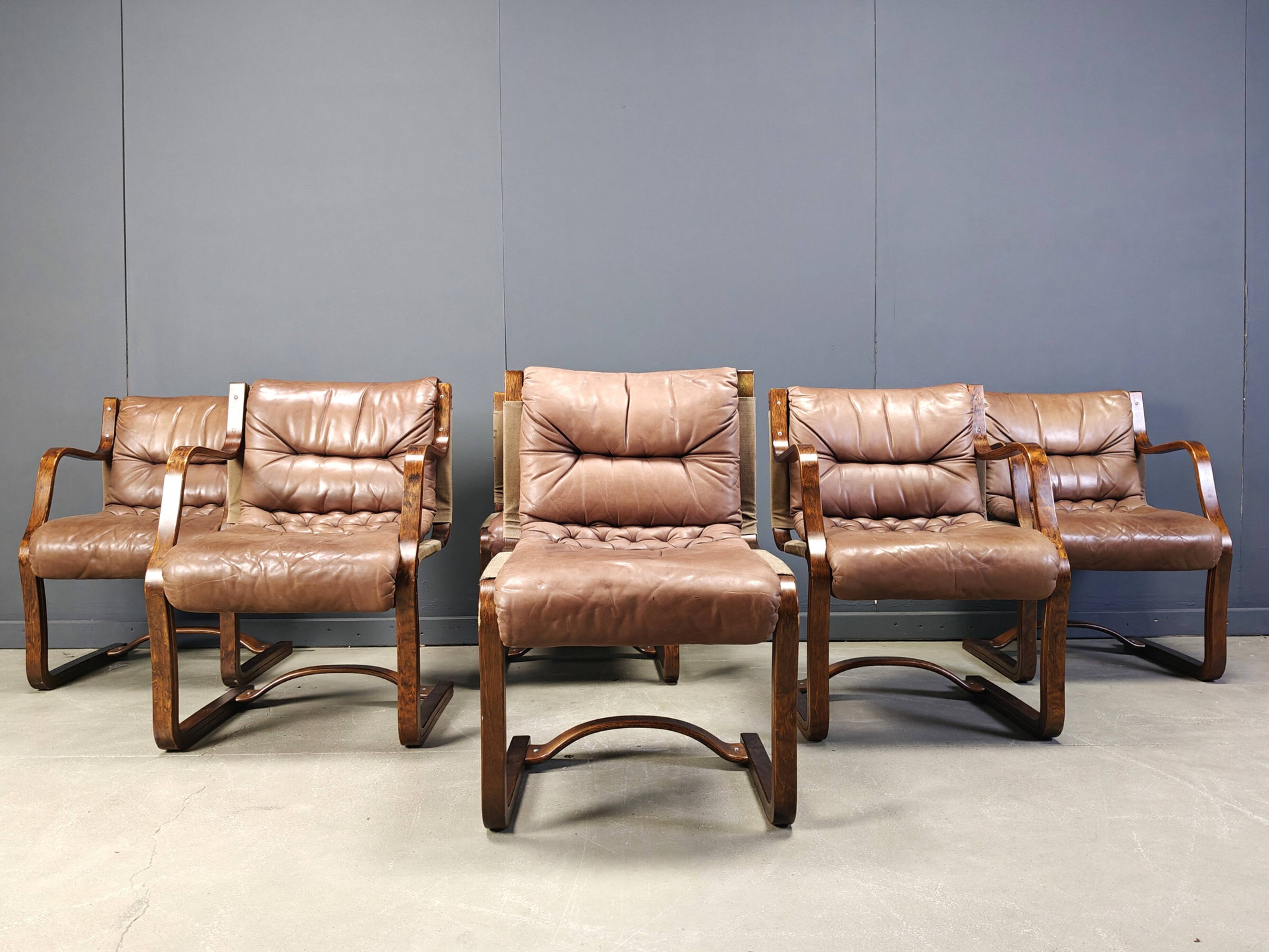 Asko Pajamies vintage leather plywood chairs from Finland, set of 6 - 1970s