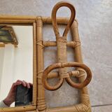 Coat rack with mirror background with two hooks - In bamboo and rattan - Design from the 1960s