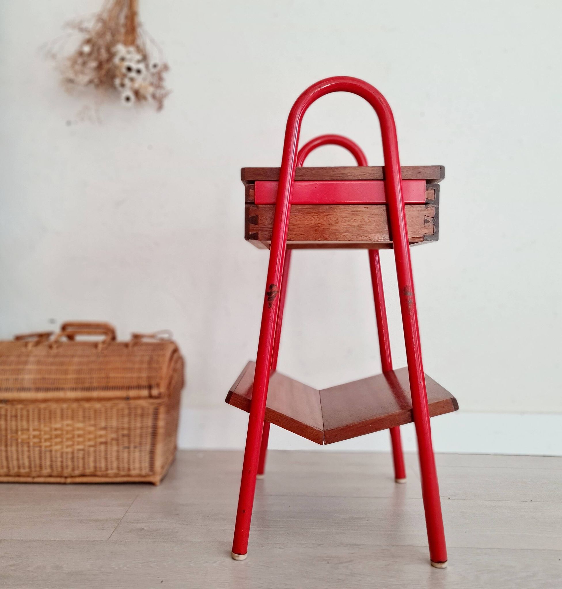 Small piece of furniture - boarding school type bedside table wood red metal