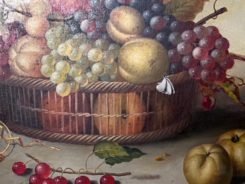 Still life painting of grapes and apples.