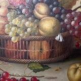 Still life painting of grapes and apples.