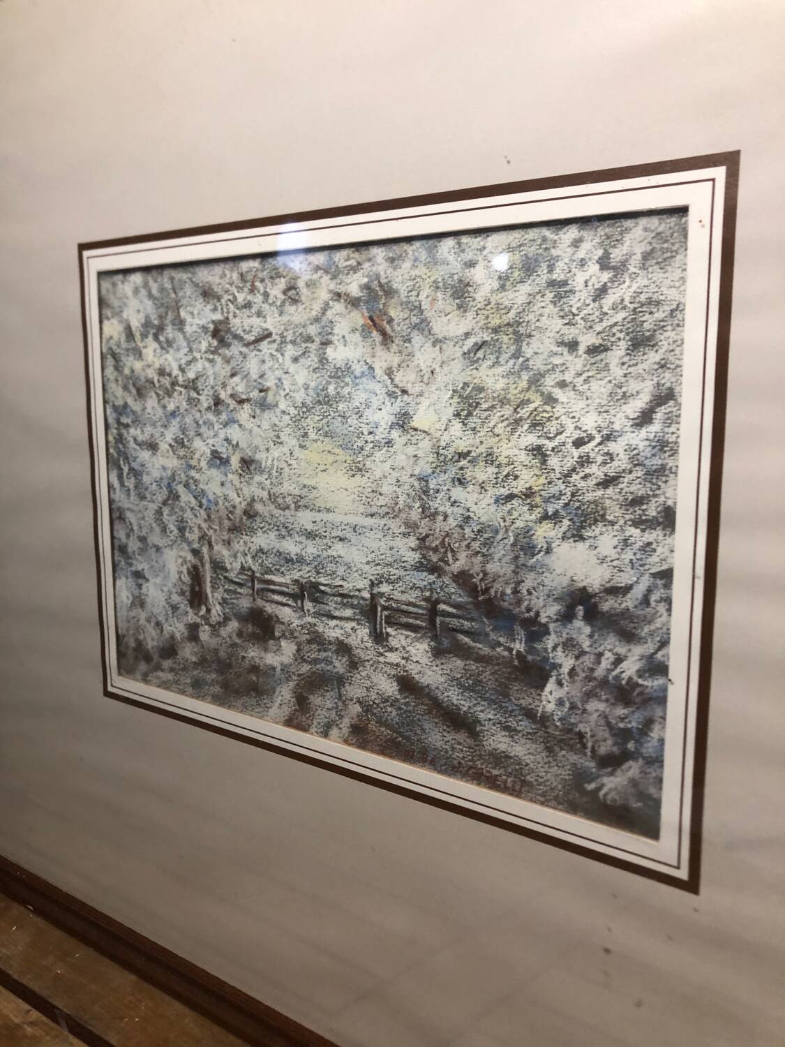 Painting j. garelli winter landscape 01/86 under glass + wood frame