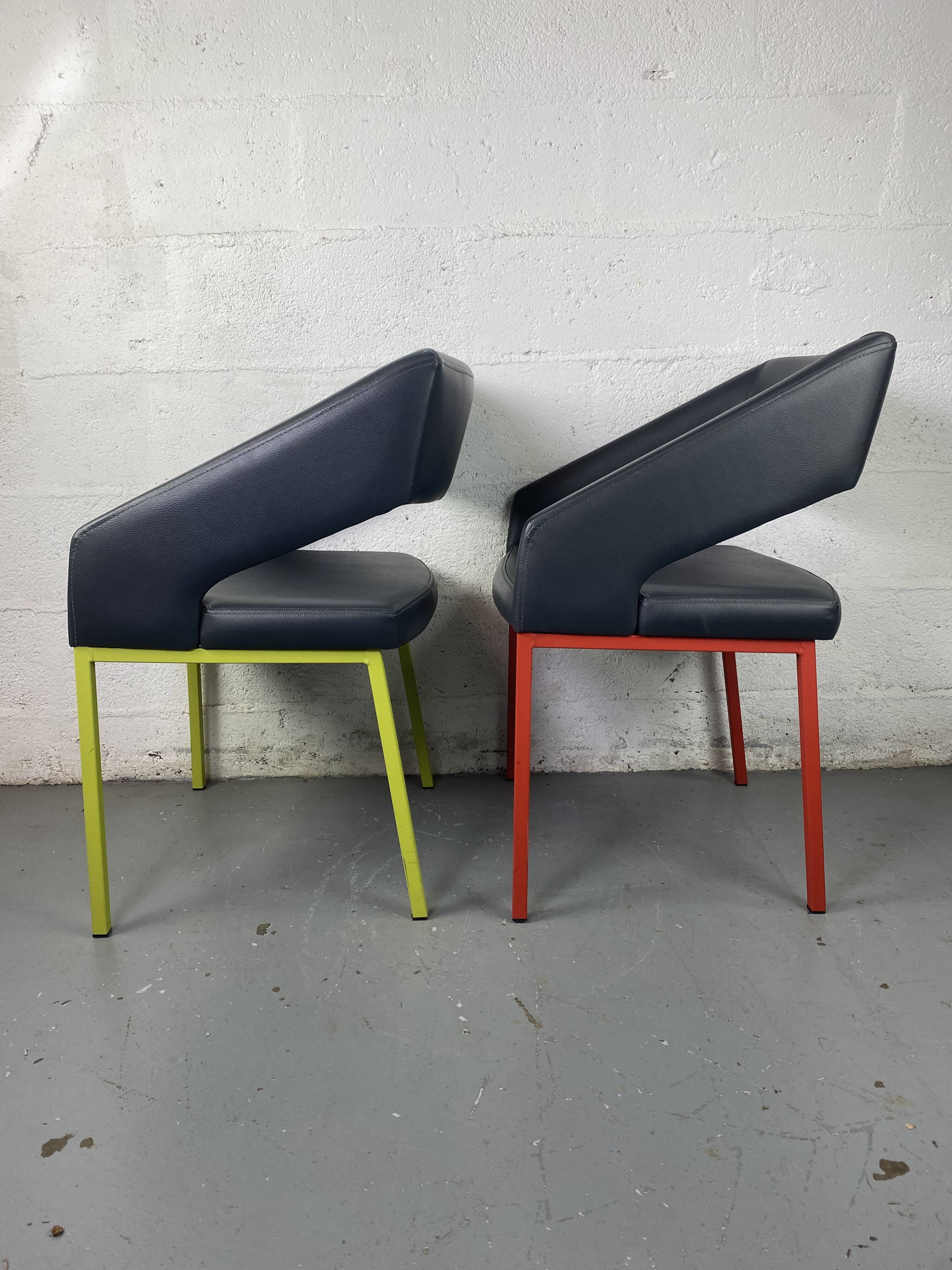 Pair of metal and leather armchairs / Green & Red