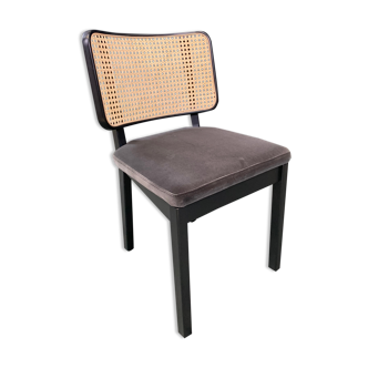 Chaise cannage bois noir velours gris