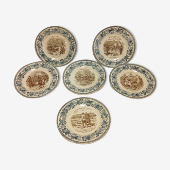 Lot 6 assiettes parlantes H B & cie terre de fer. Fin 19ème- début 20ème siècle