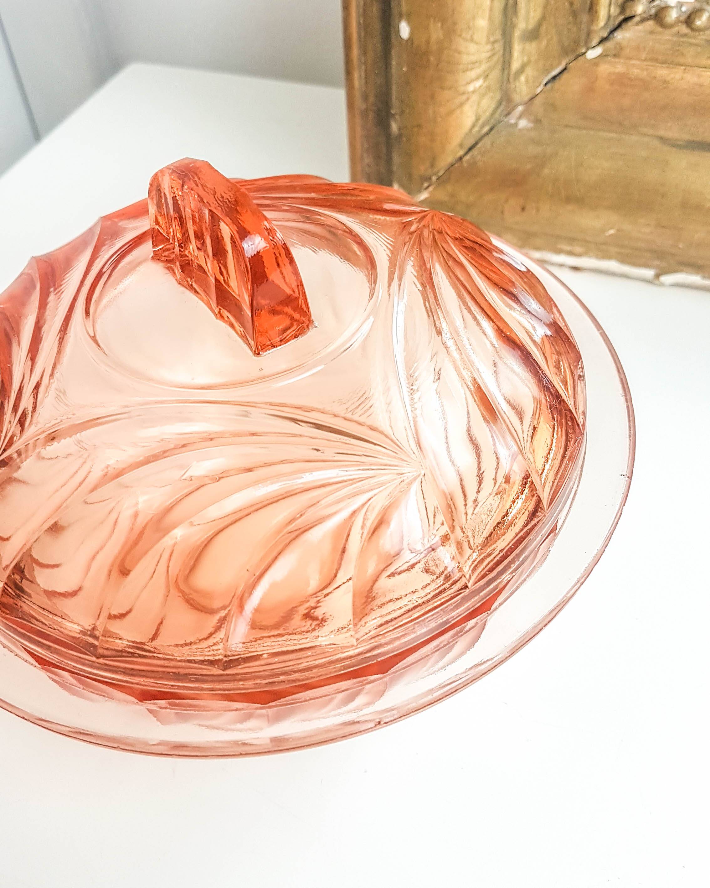 Vintage pink glass art deco candy box 1950