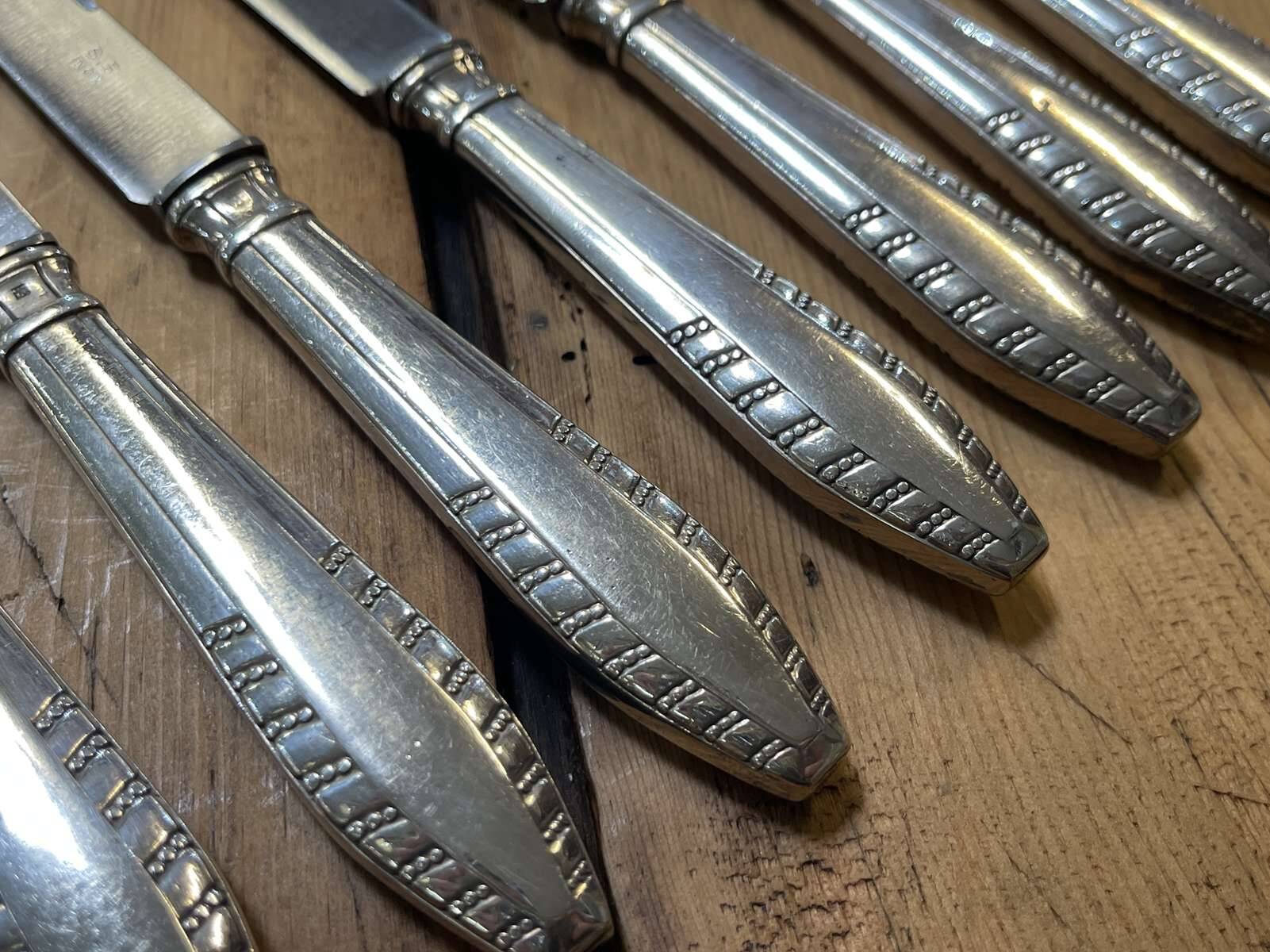 Set of 11 dessert knives in silver metal with stainless steel blades