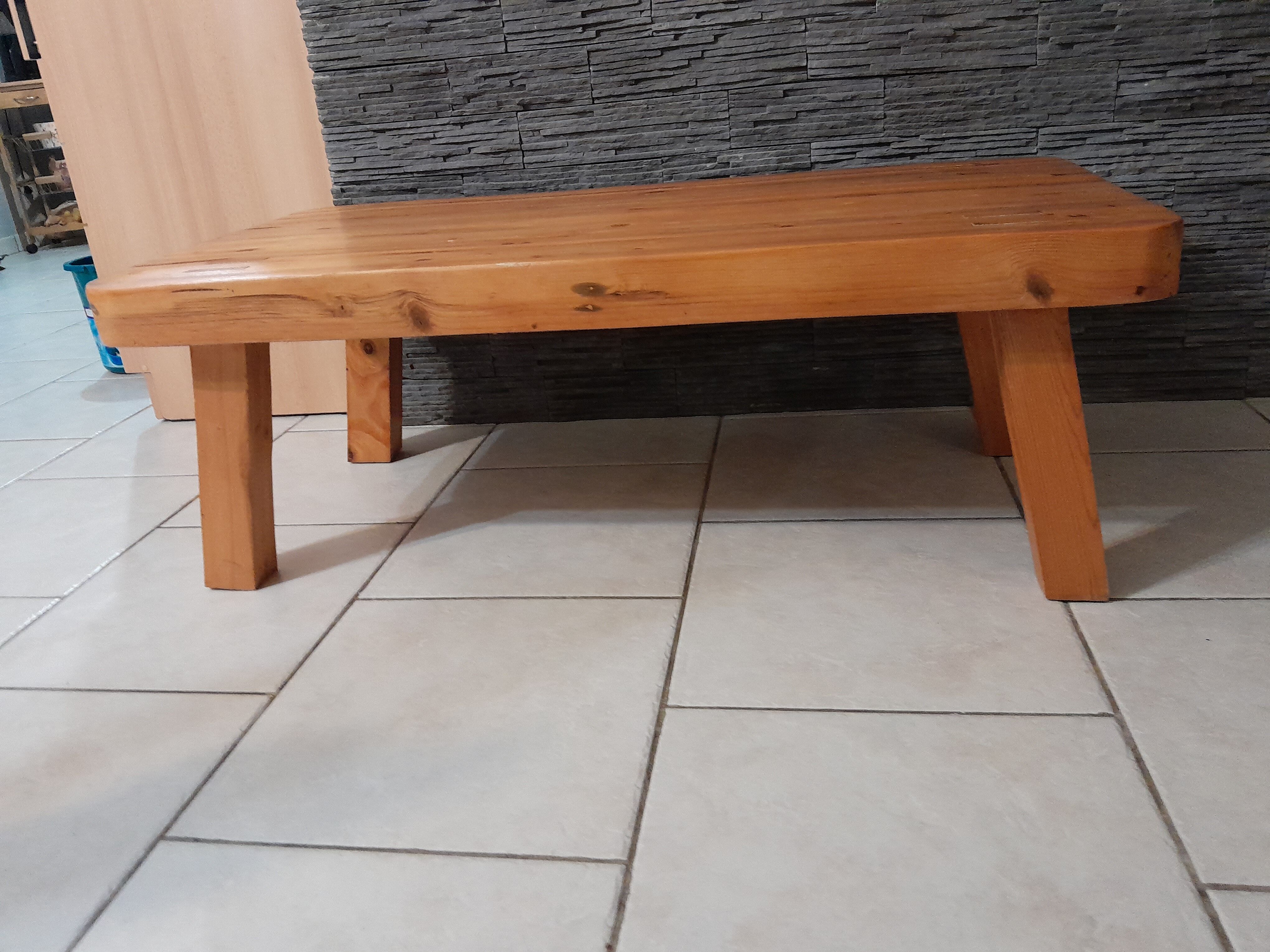 Table basse pin pieds compas vintage années 70-80