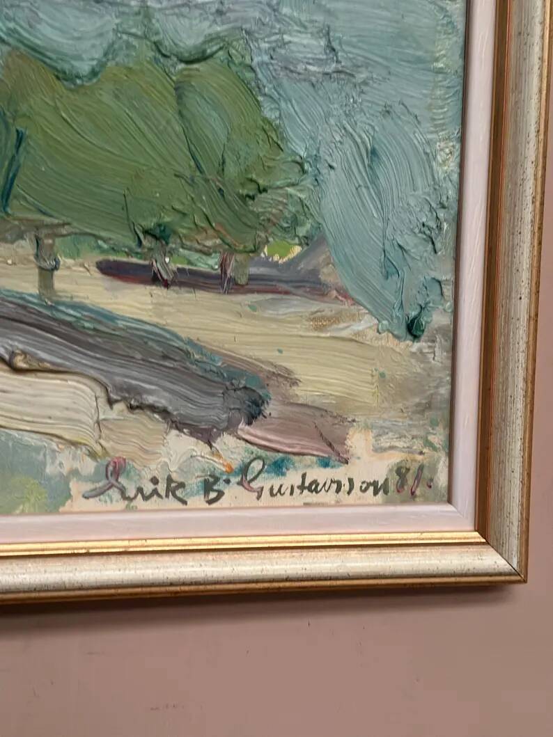 Original Swedish Oil on Canvas – "Coastal Landscape" by Erik Birger Gustavsson – Signed – Dated 1981 – Vintage and Framed – 41 × 33 cm (16.1 × 13 inches)