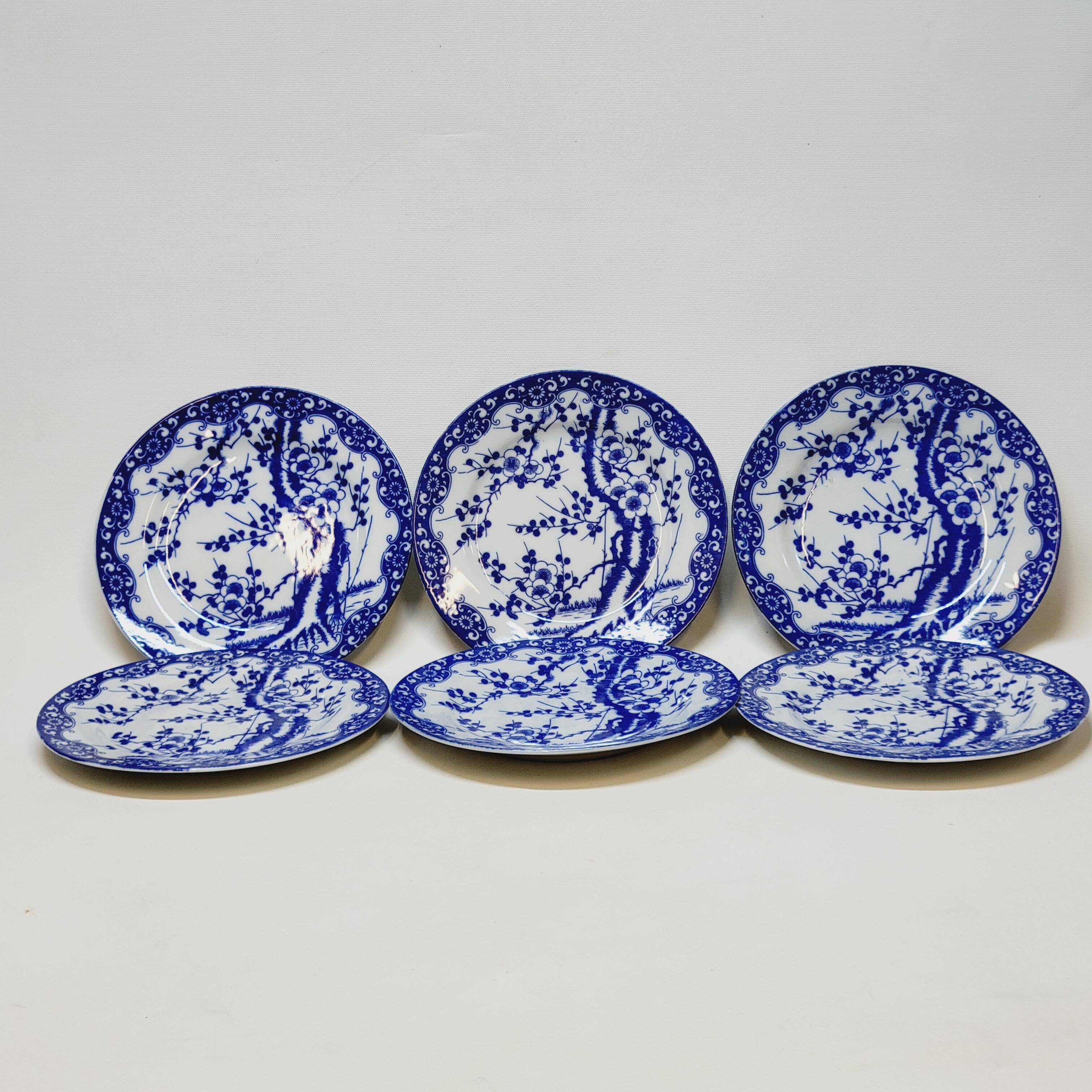 6 Small Dessert Plates in Fine Porcelain with Cherry Blue Decor