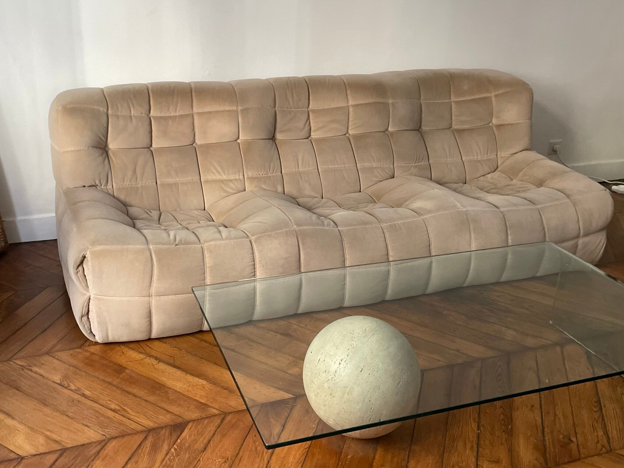 Sofa 3 places Kashima Line Roset velvet beige 70s