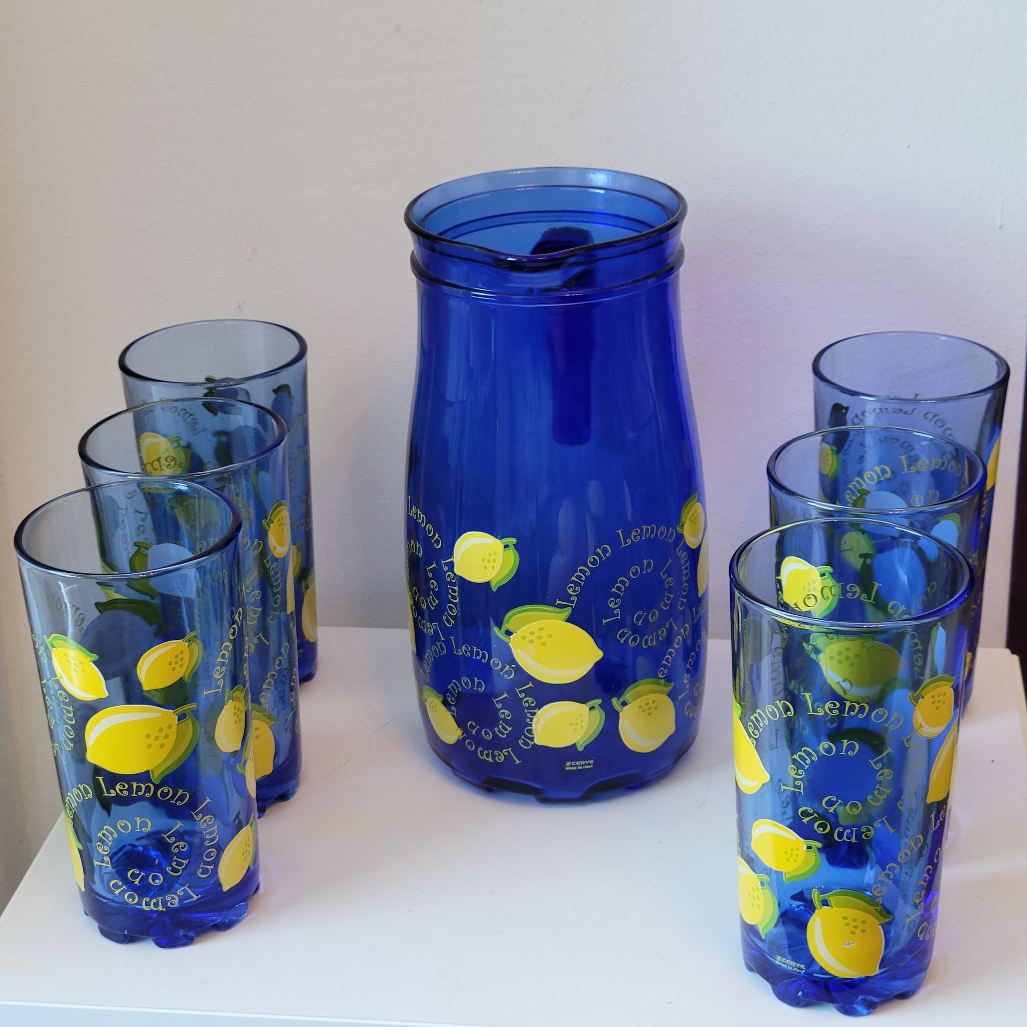 Service to orangeade citronnade in vintage blue glass carafe + 6 glasses