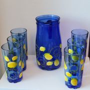 Service to orangeade citronnade in vintage blue glass carafe + 6 glasses