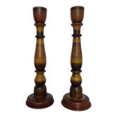 Pair of antique polychrome turned wood candlesticks
