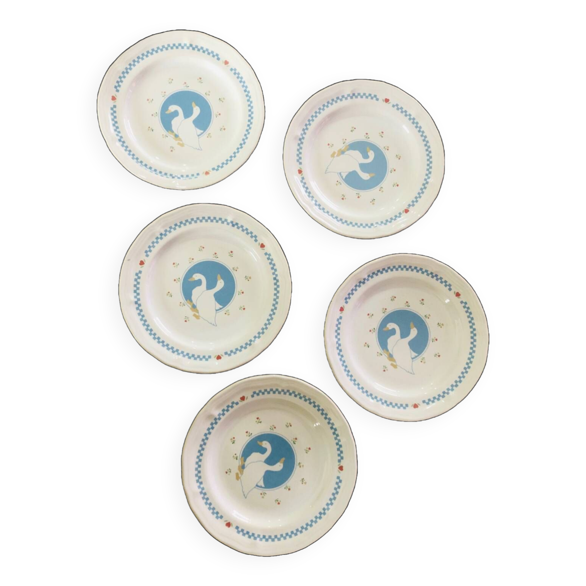 Set of 5 vintage dessert plates retro earthenware geese patterns stoneware moonlight