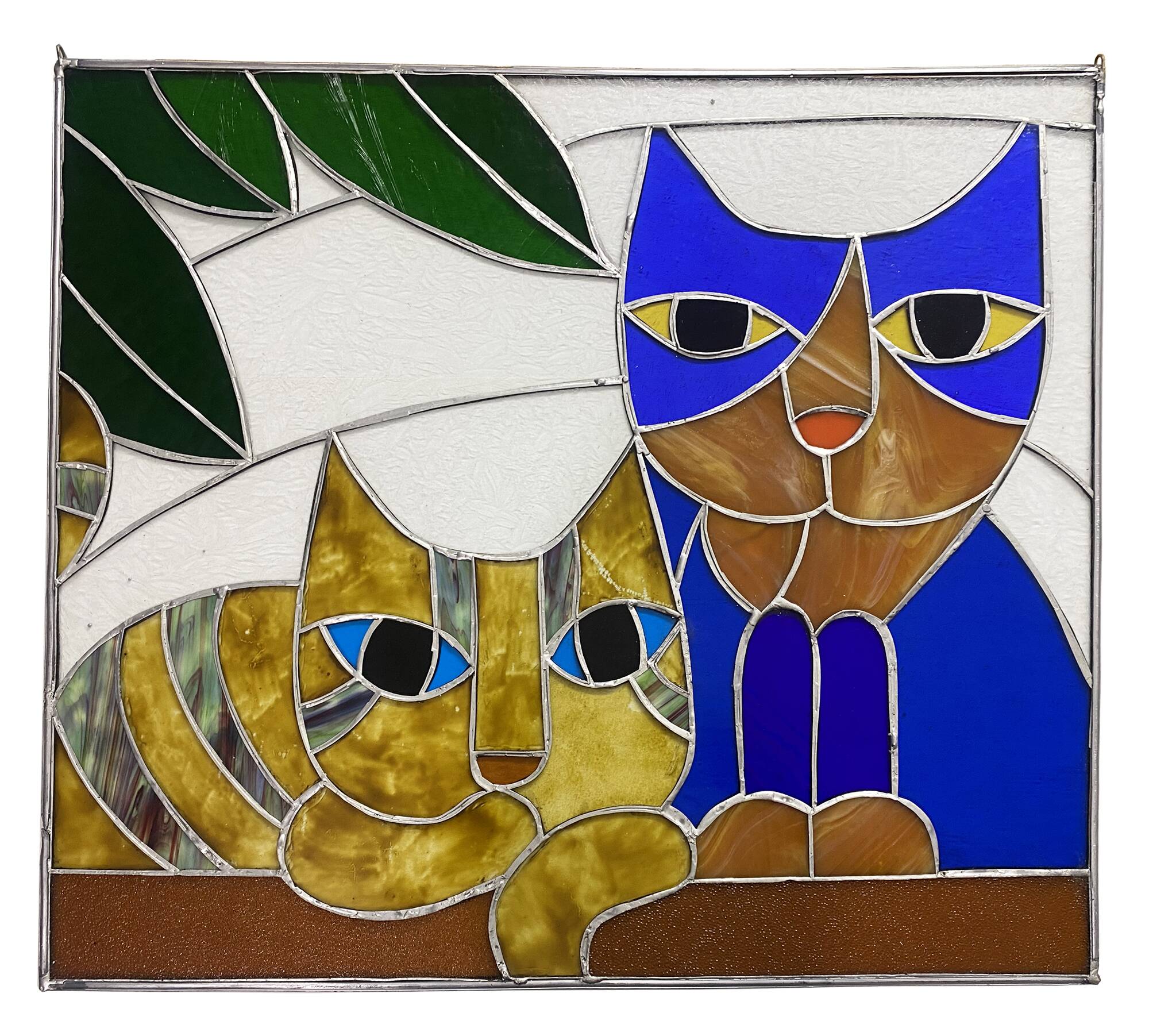 Vitrail artisanal vintage – motif chats – 60 × 68 cm – pièce unique en verre